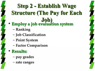 Step 2 - Establish Wage
 Structure (The Pay for Each
             Job)
• Employ a job evaluation system
  –   Ranking
  –   Job Classification
  –   Point System
  –   Factor Comparison
• Results:
  – pay grades
  – rate ranges
 