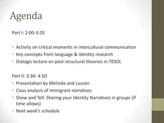 Agenda
Part I: 2:00-3:20

• Activity on critical moments in intercultural communication
• Key concepts from language & identity research
• Dialogic lecture on post-structural theories in TESOL

Part II: 3:30- 4:50
• Presentation by Melinda and Lauren
• Class analysis of immigrant narratives
• Show and Tell: Sharing your Identity Narratives in groups (if
  time allows)
• Next week’s schedule
 