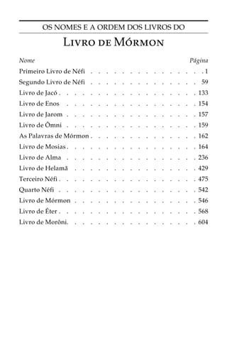 OS NOMES E A ORDEM DOS LIVROS DO 
Livro deMo´rmon 
Nome Pa´gina 
Primeiro Livro de Ne´fi . . . . . . . . . . . . . . .1 
Segundo Livro de Ne´fi . . . . . . . . . . . . . . 59 
Livro de Jaco´ . . . . . . . . . . . . . . . . . . 133 
Livro de Enos . . . . . . . . . . . . . . . . . 154 
Livro de Jarom . . . . . . . . . . . . . . . . . 157 
Livro deOˆ 
mni . . . . . . . . . . . . . . . . . 159 
As Palavras de Mo´rmon. . . . . . . . . . . . . . 162 
Livro de Mosias. . . . . . . . . . . . . . . . . 164 
Livro de Alma . . . . . . . . . . . . . . . . . 236 
Livro de Helama˜ . . . . . . . . . . . . . . . . 429 
Terceiro Ne´fi. . . . . . . . . . . . . . . . . . 475 
Quarto Ne´fi . . . . . . . . . . . . . . . . . . 542 
Livro de Mo´rmon . . . . . . . . . . . . . . . . 546 
Livro deE´ 
ter. . . . . . . . . . . . . . . . . . 568 
Livro de Moroˆni. . . . . . . . . . . . . . . . . 604 
 