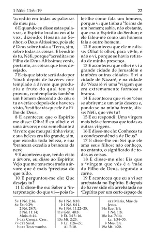 1 Ne´ fi 11:6–19 22 
aacredito em todas as palavras 
de meu pai. 
6 E quando eu disse estas pala-vras, 
o Espı´rito bradou em alta 
voz, dizendo: Hosana ao Se-nhor, 
o Deus Altı´ssimo, pois ele 
e´ Deus sobre toda a aTerra, sim, 
sobre todas as coisas. E bendito 
e´s tu, Ne´fi, porque bacreditas no 
Filho do Deus Altı´ssimo; vera´s, 
portanto, as coisas que tens de-sejado. 
7 E eis que isto te sera´ dado por 
asinal: depois de haveres con-templado 
a a´rvore que produ-ziu 
o fruto do qual teu pai 
provou, contemplara´s tambe´m 
um homem descendo do ce´u e 
tu o vera´ s: e depois de o haveres 
visto, btestificara´s que ele e´ o Fi-lho 
de Deus. 
8 E aconteceu que o Espı´rito 
me disse: Olha! E eu olhei e vi 
uma a´rvore; e era semelhante a` 
aa´rvore que meu pai tinha visto; 
e sua beleza era ta˜o grande, sim, 
que excedia toda beleza, e sua 
bbrancura excedia a brancura da 
neve. 
9 E aconteceu que, tendo visto 
a a´rvore, eu disse ao Espı´rito: 
Vejo que me tens mostrado a a´r-vore 
que e´ mais apreciosa do 
que tudo. 
10 E perguntou-me ele: Que 
desejas tu? 
11 E disse-lhe eu: Saber a ain-terpretac 
¸a˜o do que vi—pois fa-lei- 
lhe como fala um homem, 
porque vi que tinha a bforma de 
um homem; sabia, na˜o obstante, 
que era o Espı´rito do Senhor; e 
ele falou-me como um homem 
fala a outro homem. 
12 E aconteceu que ele me dis-se: 
Olha! E olhei, para veˆ-lo, e 
na˜o o vi, porque se havia retira-do 
de minha presenc¸a. 
13 E aconteceu que olhei e vi a 
grande cidade de Jerusale´m e 
tambe´m outras cidades. E vi a 
cidade de Nazare´; e na cidade 
de aNazare´ vi uma bvirgem que 
era extremamente formosa e 
branca. 
14 E aconteceu que vi os ace´us 
se abrirem; e um anjo desceu e, 
pondo-se na minha frente, dis-se: 
Ne´fi, que veˆs tu? 
15 E eu respondi: Uma virgem 
mais bela e formosa que todas as 
outras virgens. 
16 E disse-me ele: Conheces tu 
a condescendeˆncia de Deus? 
17 E disse-lhe eu: Sei que ele 
ama seus filhos; na˜o conhec¸o, 
no entanto, o significado de to-das 
as coisas. 
18 E disse-me ele: Eis que 
a avirgem que veˆ s e´ a bma˜ e 
do Filho de Deus, segundo a 
carne. 
19 E aconteceu que eu a vi ser 
arrebatada no Espı´rito. E depois 
de haver sido ela arrebatada no 
aEspı´rito por um certo espac¸o de 
5a 1 Ne´ . 2:16. 
6a Eˆ 
x. 9:29; 
2 Ne´ . 29:7; 
3 Ne´ . 11:14; 
Mois. 6:44. 
b gee Crenc¸a, Crer. 
7a gee Sinal. 
b gee Testemunho. 
8a 1 Ne´ . 8:10. 
b 1 Ne´ . 8:11. 
9a 1 Ne´ . 11:22–25. 
11a Geˆn. 40:8. 
bE´ 
t. 3:15–16. 
13a Mt. 2:23. 
b Lc. 1:26–27; 
Al. 7:10. 
gee Maria, Ma˜e de 
Jesus. 
14a Eze. 1:1; 
1 Ne´ . 1:8. 
18a Isa. 7:14; 
Lc. 1:34–35. 
b Mos. 3:8. 
19a Mt. 1:20. 
 