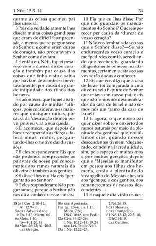 1 Ne´ fi 15:3–14 34 
quanto a` s coisas que meu pai 
lhes dissera. 
3 Pois ele verdadeiramente lhes 
dissera muitas coisas grandiosas 
que eram de difı´cil acompreen-sa 
˜o, a menos que se perguntasse 
ao Senhor; e como eram duros 
de corac¸a˜o, na˜o procuravam o 
Senhor como deviam. 
4 E enta˜o eu, Ne´fi, fiquei pesa-roso 
com a dureza de seu cora-c 
¸a˜o e tambe´m por causa das 
coisas que tinha visto e sabia 
que haviam de acontecer inevi-tavelmente, 
por causa da gran-de 
iniqu¨ idade dos filhos dos 
homens. 
5 E aconteceu que fiquei abati-do 
por causa de minhas aafli-c 
¸o˜ es, pois considerava-as maio-res 
que quaisquer outras, por 
causa da bdestruic¸a˜o de meu po-vo; 
pois eu vira a sua queda. 
6 E aconteceu que depois de 
haver recuperado as aforc¸as, fa-lei 
a meus irma˜ os, pergun-tando- 
lhes o motivo das discus-so 
˜ es. 
7 E eles responderam: Eis que 
na˜o podemos compreender as 
palavras de nosso pai concer-nentes 
aos ramos naturais da 
oliveira e tambe´m aos gentios. 
8 E disse-lhes eu: Haveis aper-guntado 
ao Senhor? 
9 E eles responderam: Na˜o per-guntamos, 
porque o Senhor na˜o 
nos da´ a conhecer essas coisas. 
10 Eis que eu lhes disse: Por 
que na˜o guardais os manda-mentos 
do Senhor? Quereis pe-recer 
por causa da adureza de 
vosso corac¸a˜o? 
11 Na˜o vos lembrais das coisas 
que o Senhor disse?—Se na˜o 
endurecerdes vosso corac¸a˜o e 
me apedirdes com fe´, acreditan-do 
que recebereis, guardando 
diligentemente os meus manda-mentos, 
certamente estas coisas 
vos sera˜o dadas a conhecer. 
12 Eis que vos digo que a casa 
de Israel foi comparada a uma 
oliveira pelo Espı´rito do Senhor 
que estava em nosso pai; e eis 
que na˜o fomos no´ s desmembra-dos 
da casa de Israel e na˜o so-mos 
no´ s um aramo da casa de 
Israel? 
13 E agora, o que nosso pai 
quer dizer sobre o enxerto dos 
ramos naturais por meio da ple-nitude 
dos gentios e´ que, nos u´ l-timos 
dias, quando nossos 
descendentes tiverem adegene-rado, 
caindo na incredulidade, 
sim, pelo espac¸o de muitos anos 
e por muitas gerac¸o˜ es depois 
que o bMessias se manifestar 
em pessoa aos filhos dos ho-mens, 
enta˜ o a plenitude do 
cevangelho do Messias chegara´ 
aos dgentios; e dos gentios, aos 
remanescentes de nossos des-cendentes— 
14 E naquele dia vira˜o os nos- 
15 3a I Cor. 2:10–12; 
Al. 12:9–11. 
5a gee Adversidade. 
b En. 1:13; Mo´ rm. 6:1. 
6a Mois. 1:10; 
JS—H 1:20, 48. 
8a Mos. 26:13; Al. 40:3. 
gee Orac¸a˜o. 
10a gee Apostasia. 
11a Tg. 1:5–6; En. 1:15; 
Moroˆ . 7:26; 
D&C 18:18. gee Pedir. 
12a Geˆn. 49:22–26; 
1 Ne´ . 10:12–14; 19:24. 
gee Leı´, Pai de Ne´ fi. 
13a 1 Ne´ . 12:22–23; 
2 Ne´ . 26:15. 
b gee Messias. 
c gee Evangelho. 
d 1 Ne´ . 13:42; 22:5–10; 
D&C 14:10. 
gee Gentios. 
 