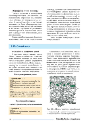 100
Подведение итогов и выводы
Грибы – большая и разнородная
группа организмов. Они способны об
разовывать огромное количество
спор, которые легко переносятся вет
ром. Мицелий гриба очень быстро
развивается. Этим объясняется опас
ность заражения растений, человека
и животных грибами паразитами.
Внешне грибные заболевания расте
ний выглядят как пятнистости, гни
ли и плесени.
С такими заболеваниями борются с
помощью химикатов, чередования
культур, применяют биологические
способы борьбы. Однако лучшим спо
собом является профилактика заболе
ваний, возделывание сортов, устойчи
вых к заражению. Плесневые грибы –
сапротрофы вызывают порчу продук
тов питания. Плесневые и дрожжевые
грибы человек использует в своих це
лях. Дрожжи используются в хлебопе
чении, пивоварении и виноделии, а
также служат ценной подкормкой для
животных. Из плесеней получают ле
карства – антибиотики.
Грибы играют важную роль в поч
вообразовании.
§ 56. Лишайники
Познакомься с задачами урока
В природе насчитывают около
25 тыс. видов лишайников. Известны
они с мелового периода. Но лишь отно
сительно недавно учёные определили
значение лишайников. Наша задача –
выяснить, что такое лишайники, уз
нать об их внешнем и внутреннем стро
ении, а также определить значение ли
шайников для природы и человека.
Повтори изученное ранее
Задания №№ 1–3
Вспомни строение тела гриба. Ка
ким образом грибы питаются?
Какое строение имеют одноклеточ
ные водоросли? Каков их тип пита
ния?
Вспомни, что такое симбиоз? При
веди примеры. Что такое паразитизм?
Встречается ли он у грибов?
Освой новый материал
1.Общаяхарактеристикалишайников
Задание № 4
Какие организмы называют ли
шайниками?
Сначала биологи относили лишай
ники к низшим растениям, а потом
считали отделом царства Растения.
Некоторые выделяют лишайники
даже в отдельное царство. Главная их
особенность в том, что организм состо
ит у них из двух других организмов,
относящихся к разным царствам гри
ба и водоросли. В 1867 году учёные оп
ределили, что сущность лишайников –
в симбиозе гриба и водоросли.
Рис. 56.1. Поперечный срез лишайника:
1 – гифы гриба, 2 – одноклеточные водоросли,
3 – корнеподобные выросты (ризоиды)
Глава 13. Грибы и лишайники
 