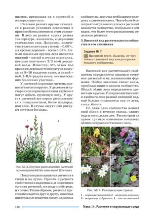 118
низмов, превращая их в перегной и
минеральные соли.
Растения разных ярусов находят
ся в разных условиях освещения и
приспособлены именно к этим услови
ям. В лесу на разных ярусах разная
температура, влажность, содержание
углекислого газа. Например, количе
ство углекислого газа у почвы – 0,08%,
а в кронах деревьев – всего 0,02%. Са
мым влажным ярусом леса является
нижний – пятый и лесная подстилка,
которая впитывает 2/3 всей дожде
вой воды. Известно, что летом под
кронами деревьев температура возду
ха на 8–10 градусов ниже, а зимой –
на 0,1–0,5 градуса выше, чем на сосед
них безлесных участках.
У растений корневые системы рас
полагаются поярусно. У деревьев и ку
старников корни проникают глубоко и
могут добыть грунтовую воду. У дру
гих растений все корни располагают
ся в поверхностном, более плодород
ном слое. В случае засухи они риску
ют остаться без воды.
Рис. 59.4. Ярусное расположение растений
в разнотравной (1) и ковыльной (2) степях
Пояруснорасполагаютсярастенияв
степи и на лугах. Причём ярусность
свойственнаинадземным,иподземным
органам растений, и в воздушной среде,
ивпочве.Такимобразом,растенияпри
спосабливаются друг к другу, извлекая
питательныевеществаиводуизразных
слоёвпочвы,получаянеобходимоекаж
дому количество света. Чем в более бла
гоприятныхусловияхдлявсехрастений
находитсясообщество,тембольшевнём
видов, тем более густо расположены от
дельные растения.
3. Внешний вид растительного сообще
ства и его изменения
Задание № 7
Прочитай текст. Выясни, от чего
зависит внешний вид каждого расти
тельного сообщества.
Внешний вид растительного сооб
щества определяется видовым соста
вом растений и их жизненными фор
мами. Особое значение имеют виды,
преобладающие в данном сообществе.
Общий облик леса определяется дре
весным ярусом. У широколиственного
и хвойного леса разный внешний вид,
ещё больше отличаются они от луга,
степи, болота.
Но даже одно сообщество меняет
свой облик в течение сезона, одного
года и нескольких лет. Рассмотрим на
одном примере изменение внешнего
облика широколиственного леса.
Рис. 59.5. Раноцветущие травы:
1 – первоцвет весенний, 2 – медуница неясная,
3 – ветреница дубравная, 4 – чистяк весенний
Глава 14. Растение и окружающая среда
 