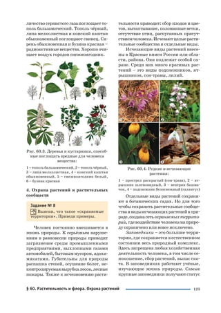 123
личество сернистогогазапоглощаетто
поль бальзамический. Тополь чёрный,
липа мелколистная и конский каштан
обыкновенный поглощают свинец. Си
рень обыкновенная и бузина красная –
радиоактивные вещества. Хорошо очи
щает воздух городов снежноягодник.
Рис. 60.3. Деревья и кустарники, способ
ные поглощать вредные для человека
вещества:
1 – тополь бальзамический, 2 – тополь чёрный,
3 – липа мелколистная, 4 – конский каштан
обыкновенный, 5 – снежноягодник белый,
6 – бузина красная
4. Охрана растений и растительных
сообществ
Задание № 8
Выясни, что такое «охраняемые
территории». Приведи примеры.
Человек постоянно вмешивается в
жизнь природы. К серьёзным наруше
ниям в равновесии природы приводит
загрязнение среды промышленными
предприятиями, выхлопными газами
автомобилей,бытовыммусором,ядохи
микатами. Губительны для природы
распашка степей, осушение болот, не
контролируемаявырубкалесов,лесные
пожары. Также к исчезновению расти
тельности приводит: сбор плодов и цве
тов, вытаптывание, поломанные ветки,
отсутствие птиц, распуганных присут
ствиемчеловека.Исчезаютцелыерасти
тельные сообщества и отдельные виды.
Исчезающие виды растений внесе
ны в Красные книги России или обла
сти, района. Они подлежат особой ох
ране. Среди них много красивых рас
тений – это виды подснежников, ят
рышников, сон травы, лилий.
Рис. 60.4. Редкие и исчезающие
растения:
1 – прострел раскрытый (сон трава), 2 – ят
рышник шлемовидный, 3 – венерин башма
чок, 4 – подснежник белоснежный (галянтус)
Отдельные виды растений сохраня
ют в ботанических садах. Но для того
чтобы сохранить растительные сообще
стваивидыисчезающихрастенийвпри
роде,созданасетьохраняемыхтеррито
рий,гдевоздействиечеловеканаприро
ду ограничено или вовсе исключено.
Заповедники – это большие терри
тории, где сохраняется в естественном
состоянии весь природный комплекс.
Здесь запрещена любая хозяйственная
деятельность человека, в том числе се
нокошение, сбор растений, выпас ско
та. В заповедниках работают учёные,
изучающие жизнь природы. Самые
крупные заповедники получают статус
§ 60. Растительность и флора. Охрана растений
 