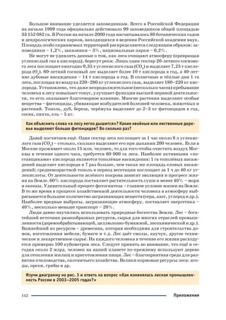 152 Приложения
Большое внимание уделяется заповедникам. Всего в Российской Федерации
на начало 1999 года официально действовало 99 заповедников общей площадью
33 152 082 га. В России на начало 2000 года насчитывалось 80 ботанических садов
и дендрологических парков, находящихся в ведении Российской академии наук.
Площадь особо охраняемых территорий распределяются следующим образом: за
поведники – 1,2%, заказники – 3%, национальные парки – 0,2%.
Не могут не удивлять данные о том, как леса очищают атмосферу (превращая
углекислый газ в кислород), берегут реки. Лишь один гектар 20 летнего сосново
го леса поглощает ежегодно 9,35 т углекислого газа (СО2
) и выделяет 7,25 т кисло
рода (О2
). 60 летний сосновый лес выделяет более 10 т кислорода в год, а 40 лет
ние дубовые насаждения – 14 т кислорода в год. В солнечные и тёплые дни 1 га
леса, поглощая из воздуха 220–280 кг углекислого газа, выделяет 180–220 кг кис
лорода. Установлено, что даже непродолжительное (несколько часов) пребывание
человека в лесу повышает тонус, улучшает функции высшей нервной деятельнос
ти, то есть оказывает благотворное влияние. Многие растения выделяют особые
вещества – фитонциды, убивающие возбудителей болезней человека, животных и
растений. Тополь, дуб, береза, черёмуха выделяют до 2–3 кг фитонцидов в год,
сосна, пихта, ель – 5 кг.
Как объяснить слова «в лесу легко дышится»? Какие хвойные или лиственные дере
вья выделяют больше фитонцидов? Во сколько раз?
Давай посчитаем ещё. Один гектар леса поглощает за 1 час около 8 л углекис
лого газа (СО2
) – столько, сколько выделяют его при дыхании 200 человек. Если в
Москве проживает около 15 млн. человек, то для того чтобы очистить воздух Мос
квы в течение одного часа, требуется 60 000 га леса. Наиболее активными «по
ставщиками» кислорода являются тополёвые насаждения: 1 га тополёвых насаж
дений выделяет кислорода в 7 раз больше, чем такая же площадь еловых насаж
дений; средневозрастной тополь в период вегетации поглощает за 1 ч до 40 кг уг
лекислоты. От деятельности зелёного покрова зависят эволюция и прогресс жиз
ни на Земле. 60% кислорода поставляет растительность суши и менее 40% – моря
и океаны. Удивительный процесс фотосинтеза – главное условие жизни на Земле.
В то же время в процессе хозяйственной деятельности человека в атмосферу выб
расывается большое количество загрязняющих веществ (сера, азот, углерод и др.).
Наиболее вредные выбросы, загрязняющие атмосферу, поставляет энергетика –
40%, несколько меньше транспорт – 20%.
Люди давно научились использовать природные богатства Земли. Лес – бога
тейший источник разнообразных ресурсов, сырья для многих отраслей промыш
ленности (деревообрабатывающей, целлюлозно бумажной, лесохимической и др.).
Важнейший из ресурсов – древесина, которая необходима для строительства до
мов, изготовления мебели, бумаги и т.д. Лес даёт смолы, каучук, другое техни
ческое и лекарственное сырьё. На каждого человека в течение его жизни расходу
ется примерно 100 кубометров леса. Следует принять во внимание, что ещё и се
годня около 2 млрд. человек на нашей планете по прежнему используют дерево
для отопления жилищ и приготовления пищи. Лес – благоприятная среда для раз
вития пчеловодства, охотничьего хозяйства. Велики кормовые ресурсы леса: яго
ды, орехи, грибы и др.
Изучи диаграмму на рис. 3 и ответь на вопрос «Как изменялась лесная промышлен
ность России в 2003–2005 годах?»
 
