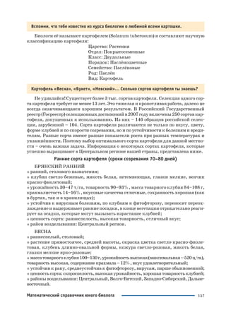 157Математический справочник юного биолога
Вспомни, что тебе известно из курса биологии о любимой всеми картошке.
Биологи её называют картофелем (Solanum tuberosum) и составляют научную
классификацию картофеля:
Царство: Растения
Отдел: Покрытосеменные
Класс: Двудольные
Порядок: Паслёноцветные
Семейство: Паслёновые
Род: Паслён
Вид: Картофель
Картофель «Весна», «Букет», «Невский»… Сколько сортов картофеля ты знаешь?
Не удивляйся! Существует более 3 тыс. сортов картофеля. Селекция одного сор
та картофеля требует не менее 13 лет. Это тяжелая и кропотливая работа, далеко не
всегда оканчивающаяся хорошим результатом. В Российский Государственный
реестр(Госреестр)селекционныхдостиженийв2007годувключены250сортовкар
тофеля, допущенных к использованию. Из них – 146 образцов российской селек
ции, зарубежной – 104. Сорта картофеля различаются не только по вкусу, цвету,
форме клубней и по скорости созревания, но и по устойчивости к болезням и вреди
телям. Разные сорта имеют разные показатели роста при разных температурах и
увлажнённости. Поэтому выбор оптимального сорта картофеля для данной местно
сти – очень важная задача. Информация о некоторых сортах картофеля, которые
успешно выращивают в Центральном регионе нашей страны, представлена ниже.
Ранние сорта картофеля (сроки созревания 70–80 дней)
БРЯНСКИЙ РАННИЙ
* ранний, столового назначения;
* клубни светло бежевые, мякоть белая, нетемнеющая, глазки мелкие, венчик
красно фиолетовый;
* урожайность 30–47 т/га, товарность 90–93%, масса товарного клубня 84–108 г,
крахмалистость 14–16%, вкусовые качества отличные, сохранность хорошая (как
в буртах, так и в хранилищах);
* устойчив к вирусным болезням, по клубням к фитофторозу, переносит переох
лаждение и выдерживает ранние посадки, в конце вегетации отрицательно реаги
рует на осадки, которые могут вызывать израстание клубней;
* ценность сорта: раннеспелость, высокая товарность, отличный вкус;
* район возделывания: Центральный регион.
ВЕСНА
* раннеспелый, столовый;
* растение прямостоячее, средней высоты, окраска цветка светло красно фиоле
товая, клубень длинно овальной формы, кожура светло розовая, мякоть белая,
глазки мелкие ярко розовые;
* массатоварногоклубня100–130г,урожайностьвысокая(максимальная–520ц/га),
товарность высокая, содержание крахмала – 12%, вкус удовлетворительный;
* устойчив к раку, среднеустойчив к фитофторозу, вирусам, парше обыкновенной;
* ценностьсорта:скороспелость,высокаяурожайность,хорошаятоварностьклубней;
* районы возделывания: Центральный, Волго Вятский, Западно Сибирский, Дальне
восточный.
 