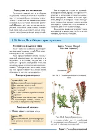 20
Подведение итогов и выводы
Большинство красных и все бурые
водоросли – многоклеточные организ
мы, устроенные более сложно, чем зе
лёные, хотя и они не имеют специали
зированных органов высших расте
ний. Пигменты бурых и красных водо
рослей способны улавливать солнеч
ный свет на большей глубине, в отли
чие от хлорофилл зелёных водорослей.
Все водоросли – одни из древней
шихорганизмов,прекрасноприспособ
ленные к условиям существования:
будь то глубины океана или зона при
лива. Их роль в природе – одна из веду
щих,таккакониявляютсяисточником
кислорода, органического вещества и
энергии для всего живого мира.
Водоросли широко используются
человеком в медицине, сельском хо
зяйстве, промышленности.
§ 38. Отдел Мхи. Общая характеристика
Познакомься с задачами урока
Мхи – одни из наиболее просто уст
роенных высших растений. Тебе пред
стоит узнать их строение.
Мхи предпочитают места с повы
шенной влажностью, но они есть и в
водоёмах, и в степях, а один вид – в
пустыне. Причём растут мхи густыми
дернинками, а не отдельными растень
ицами. Тебе предстоит выяснить, поче
му они предпочитают влажные места
обитания и растут «зарослями».
Повтори изученное ранее
Задания №№ 1–4
Вспомни особенности строения бу
рых и красных водорослей.
Какие зелёные водоросли называ
ют нитчатыми?
Какими способами размножаются
водоросли?
Вспомни или посмотри в словаре,
что такое споры, гаметы, зигота, од
нодомные и двудомные растения?
Освой новый материал
1. Общая характеристика мхов
Задание № 5
Прочитай текст, рассмотри рисун
ки и докажи, что мхи – высшие рас
тения.
Царство Растения (Plantae)
Отдел Мхи (Bryophyta)
Рис. 38.1. Систематическое положение
мхов
Рис. 38.2. Разнообразие мхов:
1 – кукушкин лён (а – лист, б – коробочка),
2 – маршанция многообразная, 3 – мний вол
нистый, 4 – сфагнум магелланский.
Глава 9. Разнообразие растений
 