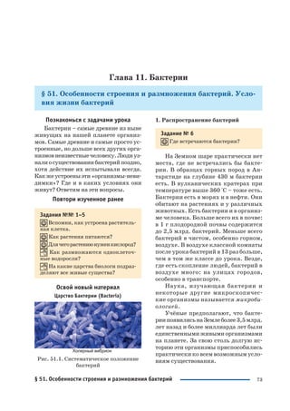73
Глава 11. Бактерии
§ 51. Особенности строения и размножения бактерий. Усло
вия жизни бактерий
1. Распространение бактерий
Задание № 6
Где встречаются бактерии?
На Земном шаре практически нет
места, где не встречались бы бакте
рии. В образцах горных пород в Ан
тарктиде на глубине 430 м бактерии
есть. В вулканических кратерах при
температуре выше 360 °C – тоже есть.
Бактерии есть в морях и в нефти. Они
обитают на растениях и у различных
животных. Есть бактерии и в организ
ме человека. Больше всего их в почве:
в 1 г плодородной почвы содержится
до 2,5 млрд. бактерий. Меньше всего
бактерий в чистом, особенно горном,
воздухе. В воздухе классной комнаты
после урока бактерий в 13 раз больше,
чем в том же классе до урока. Везде,
где есть скопление людей, бактерий в
воздухе много: на улицах городов,
особенно в транспорте.
Наука, изучающая бактерии и
некоторые другие микроскопичес
кие организмы называется микроби
ологией.
Учёные предполагают, что бакте
риипоявилисьнаЗемлеболее3,5 млрд.
лет назад и более миллиарда лет были
единственными живыми организмами
на планете. За свою столь долгую ис
торию эти организмы приспособились
практически ко всем возможным усло
виям существования.
Познакомься с задачами урока
Бактерии – самые древние из ныне
живущих на нашей планете организ
мов. Самые древние и самые просто ус
троенные, но дольше всех других орга
низмовнеизвестныечеловеку.Людиуз
налиосуществованиибактерийпоздно,
хотя действие их испытывали всегда.
Какжеустроеныэти«организмы неви
димки»? Где и в каких условиях они
живут? Ответим на эти вопросы.
Повтори изученное ранее
Задания №№ 1–5
Вспомни, как устроена раститель
ная клетка.
Как растения питаются?
Длячегорастениюнуженкислород?
Как размножаются одноклеточ
ные водоросли?
На какие царства биологи подраз
деляют все живые существа?
Освой новый материал
Царство Бактерии (Bacteria)
Рис. 51.1. Систематическое положение
бактерий
§ 51. Особенности строения и размножения бактерий
 