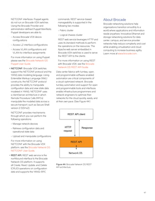 47
NETCONF interfaces. Puppet agents
do not run on Brocade VDX switches.
Using the Brocade Provider and
administrator-defined Puppet Manifests,
Puppet developers are able to:
-- Access Brocade VDX device
configurations
-- Access L2 interface configurations
-- Access VLAN configurations and
VLAN-to-interface assignments
For more information on using Puppet,
please see the Brocade Network OS
Puppet User Guide.
••NETCONF: Brocade VDX switches
support the NETCONF protocol and the
YANG data modeling language. Using
Extensible Markup Language (XML)
constructs, the NETCONF protocol
provides the ability to manipulate
configuration data and view state data
modeled in YANG. NETCONF uses
a client/server architecture in which
Remote Procedure Calls (RPCs)
manipulate the modeled data across a
secure transport, such as Secure Shell
version 2 (SSHv2).
NETCONF provides mechanisms
through which you can perform the
following operations:
-- Manage network devices
-- Retrieve configuration data and
operational state data
-- Upload and manipulate configurations
For more information on using
NETCONF with the Brocade VDX
platform, see the Brocade Network OS
NETCONF User Guide.
••REST API: REST web service is the
northbound interface to the Brocade
Network OS platform. It supports
all Create, Read, Update, and Delete
(CRUD) operations on configuration
data and supports the YANG-RPC
commands. REST service-based
manageability is supported in the
following two modes:
-- Fabric cluster
-- Logical chassis cluster
REST web service leverages HTTP and
uses its standard methods to perform
the operations on the resources. The
Apache web server embedded in
Brocade VDX switches is used to serve
the REST API to the clients.
For more information on using REST
with Brocade VDX, see the Brocade
Network OS REST API Guide.
Data center fabrics with turnkey, open,
and programmable software-enabled
automation are critical components of
a cloud-optimized network. Brocade
turnkey automation and support for open
and programmable tools and interfaces
enable infrastructure programmers and
network engineers to optimize their
networks for the cloud quickly, easily, and
at their own pace. (See Figure 44.)
Figure 44: Brocade Network OS REST
API architecture.
About Brocade
Brocade networking solutions help
organizations transition smoothly to a
world where applications and information
reside anywhere. Innovative Ethernet and
storage networking solutions for data
center, campus, and service provider
networks help reduce complexity and cost
while enabling virtualization and cloud
computing to increase business agility.
Learn more at www.brocade.com.
 