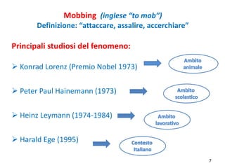 7
Mobbing (inglese “to mob”)
Definizione: “attaccare, assalire, accerchiare”
Principali studiosi del fenomeno:
 Konrad Lo...