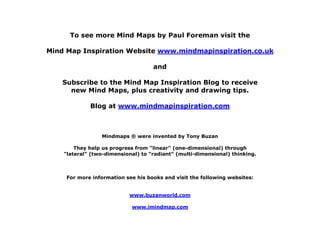 To see more Mind Maps by Paul Foreman visit the
Mind Map Inspiration Website www.mindmapinspiration.co.uk
and
Subscribe to the Mind Map Inspiration Blog to receive
new Mind Maps, plus creativity and drawing tips.
Blog at www.mindmapinspiration.com
Mindmaps ® were invented by Tony Buzan
They help us progress from "linear" (one-dimensional) through
"lateral" (two-dimensional) to "radiant" (multi-dimensional) thinking.
For more information see his books and visit the following websites:
www.buzanworld.com
www.imindmap.com
 