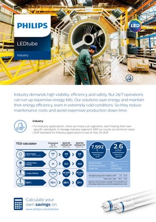 Industry demands high visibility, efficiency and safety. But 24/7 operations
can run up expensive energy bills. Our solutions save energy and maintain
their energy efficiency, even in extremely cold conditions. So they reduce
maintenance costs and avoid expensive production down time.
Industry
LEDtube
industry
› For Industry applications, there are many sub segments, each having their own
specific standards, in storage industry segment 300 lux counts as minimum value.
› UGR standard for Industry applications is set at max 25 UGR.
TCO calculator Fluorescent
TL-D
1500 mm
MASTER
LEDtube UO
1500 mm
MASTER
LEDtube HO
1500 mm
Ultra Output
2500 - 3700 lumen
Lux
545
lx
476
lx
326
lx
Unified Glare
Rating
UGR
24 23,2 22,6
Lifetime
Longer lifetime 15,000
Hrs
40,000
Hrs
40,000
Hrs
64%Energy
savings
72W 26W 21W
Average buying price installer ex VAT 2 € 52 €
Total costs / year 40 € 19 €
Based on the European average of 12 cent/kW hours
(including maintenance and lamp replacement cost)
7,992
€
Savings /
year
2.6year
Payback
period
Number of lamps 400
Burning hours per year 4,380 Hrs
Energy costs 0.12 Euro/kWh
Calculate your
own savings on
www.philips.com/ledtube
 