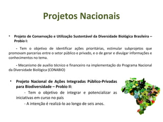 Projetos Nacionais
• Projeto de Conservação e Utilização Sustentável da Diversidade Biológica Brasileira –
Probio I:
- Tem o objetivo de identificar ações prioritárias, estimular subprojetos que
promovam parcerias entre o setor público e privado, e o de gerar e divulgar informações e
conhecimentos no tema.
- Mecanismo de auxílio técnico e financeiro na implementação do Programa Nacional
da Diversidade Biológica (CONABIO)
• Projeto Nacional de Ações Integradas Público-Privadas
para Biodiversidade – Probio II:
- Tem o objetivo de integrar e potencializar as
iniciativas em curso no país
- A intenção é realizá-lo ao longo de seis anos.
 