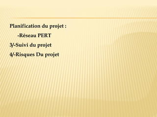 Planification du projet :
-Réseau PERT
3/-Suivi du projet
4/-Risques Du projet
 