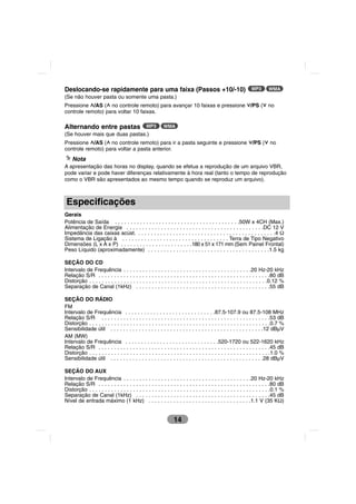 Deslocando-se rapidamente para uma faixa (Passos +10/-10)                                                     MP3       WMA
(Se não houver pasta ou somente uma pasta.)
Pressione U/AS (U no controle remoto) para avançar 10 faixas e pressione u/PS (u no
                 U                                                             u
controle remoto) para voltar 10 faixas.

Alternando entre pastas                         MP3       WMA
(Se houver mais que duas pastas.)
Pressione U/AS (U no controle remoto) para ir a pasta seguinte e pressione u/PS (u no
                 U                                                               u
controle remoto) para voltar a pasta anterior.
    Nota
A apresentação das horas no display, quando se efetua a reprodução de um arquivo VBR,
pode variar e pode haver diferenças relativamente à hora real (tanto o tempo de reprodução
como o VBR são apresentados ao mesmo tempo quando se reproduz um arquivo).



 Especificações
Gerais
Potência de Saída . . . . . . . . . . . . . . . . . . . . . . . . . . . . . . . . . . . . . . . .50W x 4CH (Max.)
Alimentação de Energia . . . . . . . . . . . . . . . . . . . . . . . . . . . . . . . . . . . . . . . . . . . .DC 12 V
Impedância das caixas acúst. . . . . . . . . . . . . . . . . . . . . . . . . . . . . . . . . . . . . . . . . . . . .4 Ω
Sistema de Ligação à . . . . . . . . . . . . . . . . . . . . . . . . . . . . . . . . . . Terra de Tipo Negativo
Dimensões (L x A x P) . . . . . . . . . . . . . . . . . . . . . . .180 x 51 x 171 mm (Sem Painel Frontal)
Peso Líquido (aproximadamente) . . . . . . . . . . . . . . . . . . . . . . . . . . . . . . . . . . . . . . .1.5 kg

SEÇÃO DO CD
Intervalo de Frequência . . . . . . . . . . . . . . . . . . . . . . . . . . . . . . . . . . . . . . . . .20 Hz-20 kHz
Relação S/R . . . . . . . . . . . . . . . . . . . . . . . . . . . . . . . . . . . . . . . . . . . . . . . . . . . . . . .80 dB
Distorção . . . . . . . . . . . . . . . . . . . . . . . . . . . . . . . . . . . . . . . . . . . . . . . . . . . . . . . . .0.12 %
Separação de Canal (1kHz) . . . . . . . . . . . . . . . . . . . . . . . . . . . . . . . . . . . . . . . . . . .55 dB

SEÇÃO DO RÁDIO
FM
Intervalo de Frequência . . . . . . . . . . . . . . . . . . . . . . . . . . . . .87.5-107.9 ou 87.5-108 MHz
Relação S/R . . . . . . . . . . . . . . . . . . . . . . . . . . . . . . . . . . . . . . . . . . . . . . . . . . . . . .53 dB
Distorção . . . . . . . . . . . . . . . . . . . . . . . . . . . . . . . . . . . . . . . . . . . . . . . . . . . . . . . . . .0.7 %
Sensibilidade útil . . . . . . . . . . . . . . . . . . . . . . . . . . . . . . . . . . . . . . . . . . . . . . . . .12 dBµV
AM (MW)
Intervalo de Frequência . . . . . . . . . . . . . . . . . . . . . . . . . . . . . .520-1720 ou 522-1620 kHz
Relação S/R . . . . . . . . . . . . . . . . . . . . . . . . . . . . . . . . . . . . . . . . . . . . . . . . . . . . . . .45 dB
Distorção . . . . . . . . . . . . . . . . . . . . . . . . . . . . . . . . . . . . . . . . . . . . . . . . . . . . . . . . . .1.0 %
Sensibilidade útil . . . . . . . . . . . . . . . . . . . . . . . . . . . . . . . . . . . . . . . . . . . . . . . . .28 dBµV

SEÇÃO DO AUX
Intervalo de Frequência . . . . . . . . . . . . . . . . . . . . . . . . . . . . . . . . . . . . . . . . .20 Hz-20 kHz
Relação S/R . . . . . . . . . . . . . . . . . . . . . . . . . . . . . . . . . . . . . . . . . . . . . . . . . . . . . . .80 dB
Distorção . . . . . . . . . . . . . . . . . . . . . . . . . . . . . . . . . . . . . . . . . . . . . . . . . . . . . . . . . .0.1 %
Separação de Canal (1kHz) . . . . . . . . . . . . . . . . . . . . . . . . . . . . . . . . . . . . . . . . . . .45 dB
Nível de entrada máximo (1 kHz) . . . . . . . . . . . . . . . . . . . . . . . . . . . . . . . . .1.1 V (35 KΩ)


                                                                14
 