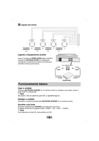 C Ligação das Caixas



                                                                                                          1

                                                                                                          2

                                                                                                          3

                                                                                                          4

                                                                                                          5

                                                                                                          6

                                                                                                          7

                                                                                                          8



         REAR
       TRASEIROS         FRONTAIS
                          FRONT           FRONTAIS
                                           FRONT      L     REAR
                                                          TRASEIROS       L
       Impedância
                    R   Impedância   R   Impedância       Impedância



Ligando o Equipamento Auxiliar
Ligue a conexão de SAÍDA ÁUDIO desta unidade à                    FL (Frontal Esquerda)   RL (Traseiros Esquerda)
conexão de ENTRADA ÁUDIO do Amplificador,                         FR (Frontal Direita)    RR (Traseiros Direita)
conectando corretamente os cabos (vermelho para
vermelho e branco para branco).




                                                                       Amplificador

Funcionamento básico
Ligar a unidade
Pressione MUTE/PWR (POWER/           no controle remoto) ou qualquer outro botão, exceto o
botão EJECT ou RELEASE.
  Nota
Se inserir o CD na abertura para CD, o aparelho liga-se.

Desligar a unidade
Pressione e mantenha pressionado MUTE/PWR (POWER/              no controle remoto).

Escolher uma fonte
Pressione repetidamente SOURCE para selecionar uma fonte.
O display ilumina-se na seguinte ordem: TUNER → CD → AUX → TUNER...
   Nota
Para selecionar a fonte CD, insira primeiro um CD.


                                              8
 