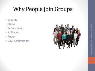 Why People Join Groups
• Security
• Status
• Self-esteem
• Affiliation
• Power
• Goal Achievement
8/13/2016HallieMoyse,BA,HMMConsulting
 