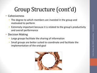 Group Structure (cont’d)
• Cohesiveness
• The degree to which members are invested in the group and
motivated to perform
• Extremely important because it is related to the group’s productivity
and overall performance
• Decision Making
• Large groups facilitate the sharing of information
• Small groups are better suited to coordinate and facilitate the
implementation of the end-goal
8/13/2016HallieMoyse,BA,HMMConsulting
 