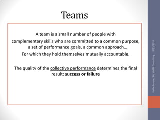 Teams
A team is a small number of people with
complementary skills who are committed to a common purpose,
a set of performance goals, a common approach…
For which they hold themselves mutually accountable.
The quality of the collective performance determines the final
result: success or failure
8/13/2016HallieMoyse,BA,HMMConsulting
 
