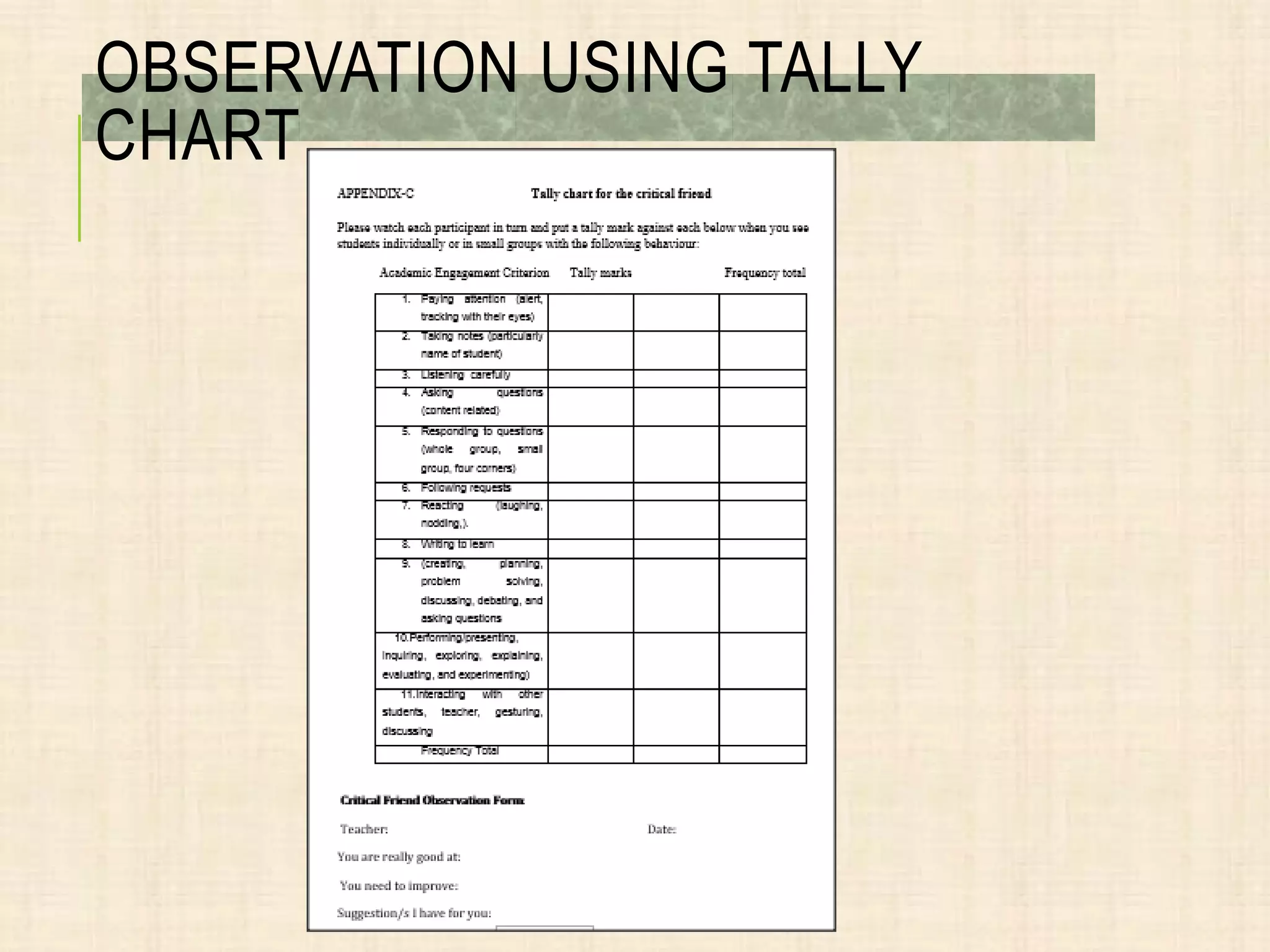 OBSERVATION USING TALLY
CHART
 