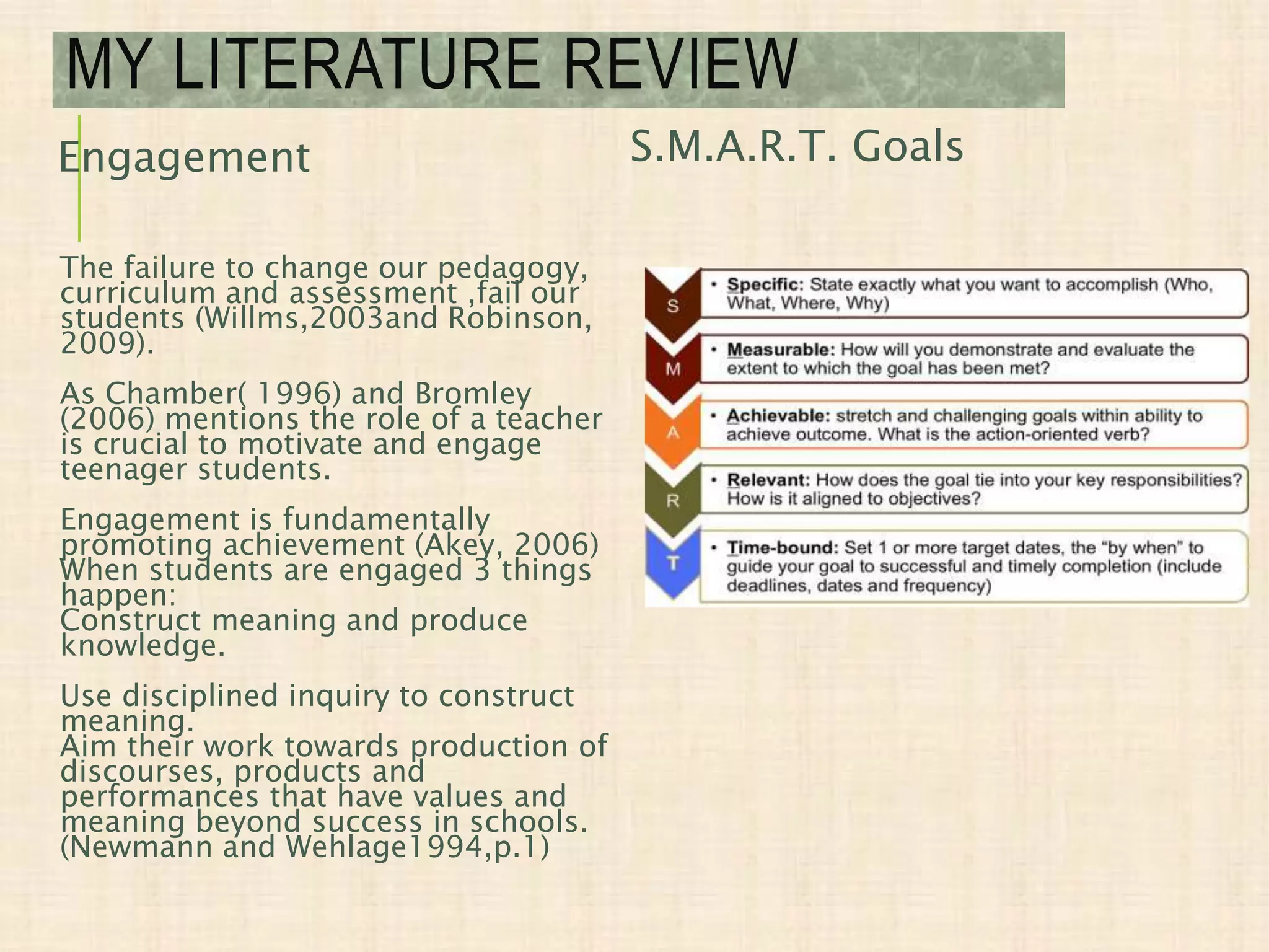 Engagement
The failure to change our pedagogy,
curriculum and assessment ,fail our
students (Willms,2003and Robinson,
2009).
As Chamber( 1996) and Bromley
(2006) mentions the role of a teacher
is crucial to motivate and engage
teenager students.
Engagement is fundamentally
promoting achievement (Akey, 2006)
When students are engaged 3 things
happen:
Construct meaning and produce
knowledge.
Use disciplined inquiry to construct
meaning.
Aim their work towards production of
discourses, products and
performances that have values and
meaning beyond success in schools.
(Newmann and Wehlage1994,p.1)
S.M.A.R.T. Goals
MY LITERATURE REVIEW
 