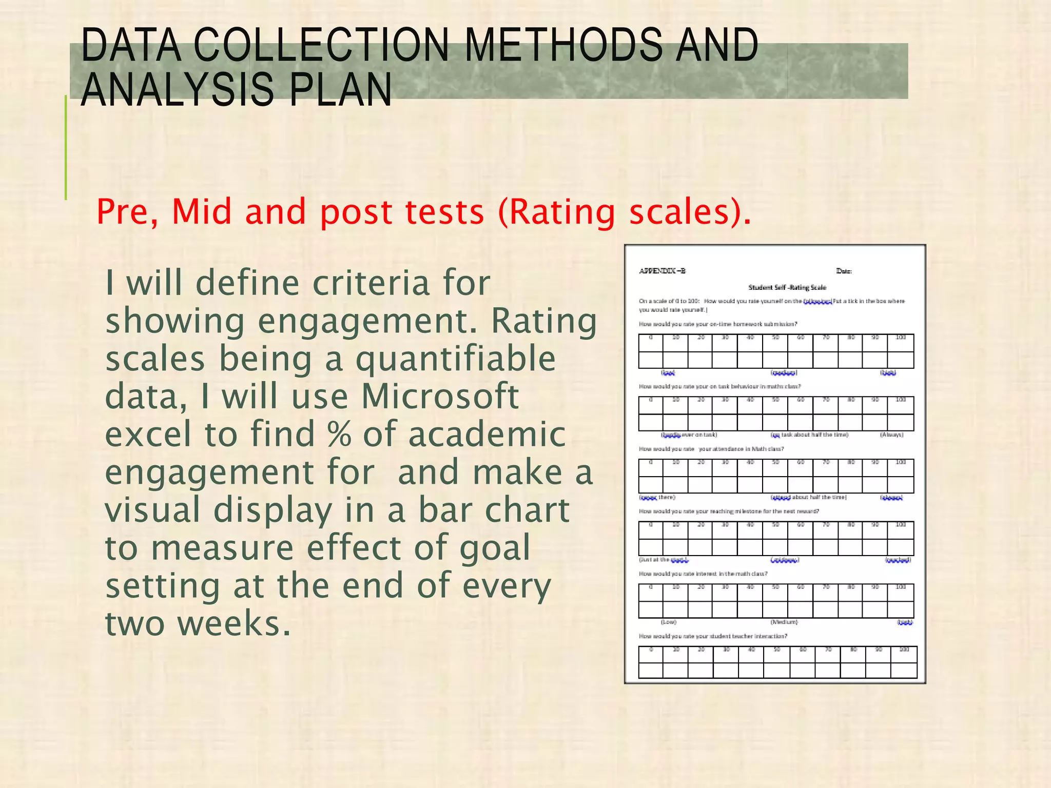 DATA COLLECTION METHODS AND
ANALYSIS PLAN
I will define criteria for
showing engagement. Rating
scales being a quantifiable
data, I will use Microsoft
excel to find % of academic
engagement for and make a
visual display in a bar chart
to measure effect of goal
setting at the end of every
two weeks.
Pre, Mid and post tests (Rating scales).
 