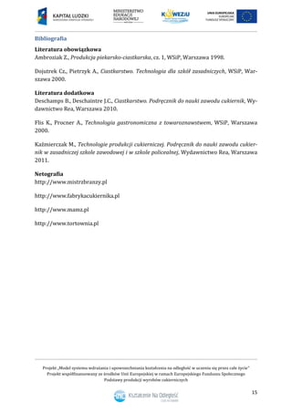 Projekt „Model systemu wdrażania i upowszechniania kształcenia na odległość w uczeniu się przez całe życie”
Projekt współfinansowany ze środków Unii Europejskiej w ramach Europejskiego Funduszu Społecznego
Podstawy produkcji wyrobów cukierniczych
15
Bibliografia
Literatura obowiązkowa
Ambroziak Z., Produkcja piekarsko-ciastkarska, cz. 1, WSiP, Warszawa 1998.
Dojutrek Cz., Pietrzyk A., Ciastkarstwo. Technologia dla szkół zasadniczych, WSiP, War-
szawa 2000.
Literatura dodatkowa
Deschamps B., Deschaintre J.C., Ciastkarstwo. Podręcznik do nauki zawodu cukiernik, Wy-
dawnictwo Rea, Warszawa 2010.
Flis K., Procner A., Technologia gastronomiczna z towaroznawstwem, WSiP, Warszawa
2000.
Kaźmierczak M., Technologie produkcji cukierniczej. Podręcznik do nauki zawodu cukier-
nik w zasadniczej szkole zawodowej i w szkole policealnej, Wydawnictwo Rea, Warszawa
2011.
Netografia
http://www.mistrzbranzy.pl
http://www.fabrykacukiernika.pl
http://www.mamz.pl
http://www.tortownia.pl
 