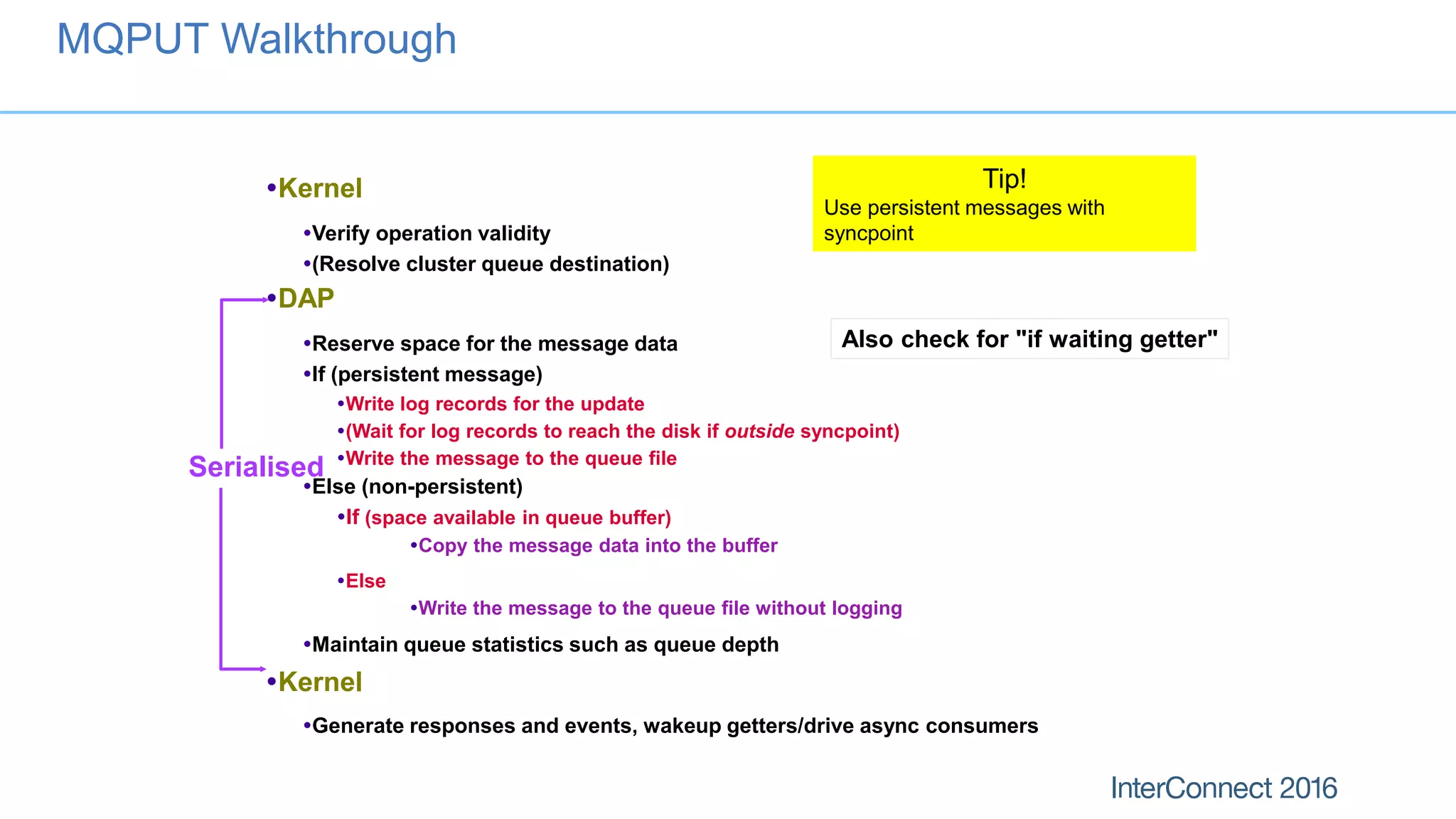 Kernel
Verify operation validity
(Resolve cluster queue destination)
DAP
Reserve space for the message data
If (persistent message)
Write log records for the update
(Wait for log records to reach the disk if outside syncpoint)
Write the message to the queue file
Else (non-persistent)
If (space available in queue buffer)
Copy the message data into the buffer
Else
Write the message to the queue file without logging
Maintain queue statistics such as queue depth
Kernel
Generate responses and events, wakeup getters/drive async consumers
Serialised
MQPUT Walkthrough
Also check for "if waiting getter"
Tip!
Use persistent messages with
syncpoint
 