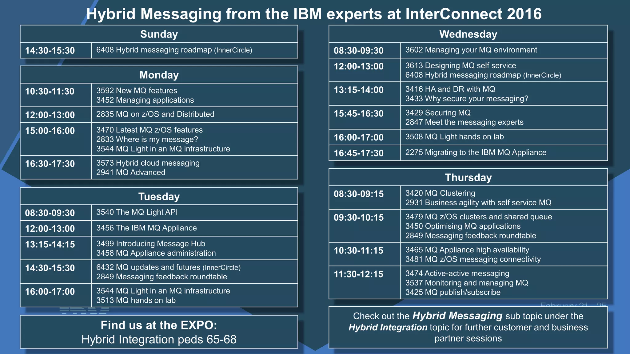 Monday
10:30-11:30 3592 New MQ features
3452 Managing applications
12:00-13:00 2835 MQ on z/OS and Distributed
15:00-16:00 3470 Latest MQ z/OS features
2833 Where is my message?
3544 MQ Light in an MQ infrastructure
16:30-17:30 3573 Hybrid cloud messaging
2941 MQ Advanced
Tuesday
08:30-09:30 3540 The MQ Light API
12:00-13:00 3456 The IBM MQ Appliance
13:15-14:15 3499 Introducing Message Hub
3458 MQ Appliance administration
14:30-15:30 6432 MQ updates and futures (InnerCircle)
2849 Messaging feedback roundtable
16:00-17:00 3544 MQ Light in an MQ infrastructure
3513 MQ hands on lab
Wednesday
08:30-09:30 3602 Managing your MQ environment
12:00-13:00 3613 Designing MQ self service
6408 Hybrid messaging roadmap (InnerCircle)
13:15-14:00 3416 HA and DR with MQ
3433 Why secure your messaging?
15:45-16:30 3429 Securing MQ
2847 Meet the messaging experts
16:00-17:00 3508 MQ Light hands on lab
16:45-17:30 2275 Migrating to the IBM MQ Appliance
Thursday
08:30-09:15 3420 MQ Clustering
2931 Business agility with self service MQ
09:30-10:15 3479 MQ z/OS clusters and shared queue
3450 Optimising MQ applications
2849 Messaging feedback roundtable
10:30-11:15 3465 MQ Appliance high availability
3481 MQ z/OS messaging connectivity
11:30-12:15 3474 Active-active messaging
3537 Monitoring and managing MQ
3425 MQ publish/subscribe
Find us at the EXPO:
Hybrid Integration peds 65-68
Check out the Hybrid Messaging sub topic under the
Hybrid Integration topic for further customer and business
partner sessions
Hybrid Messaging from the IBM experts at InterConnect 2016
Sunday
14:30-15:30 6408 Hybrid messaging roadmap (InnerCircle)
 