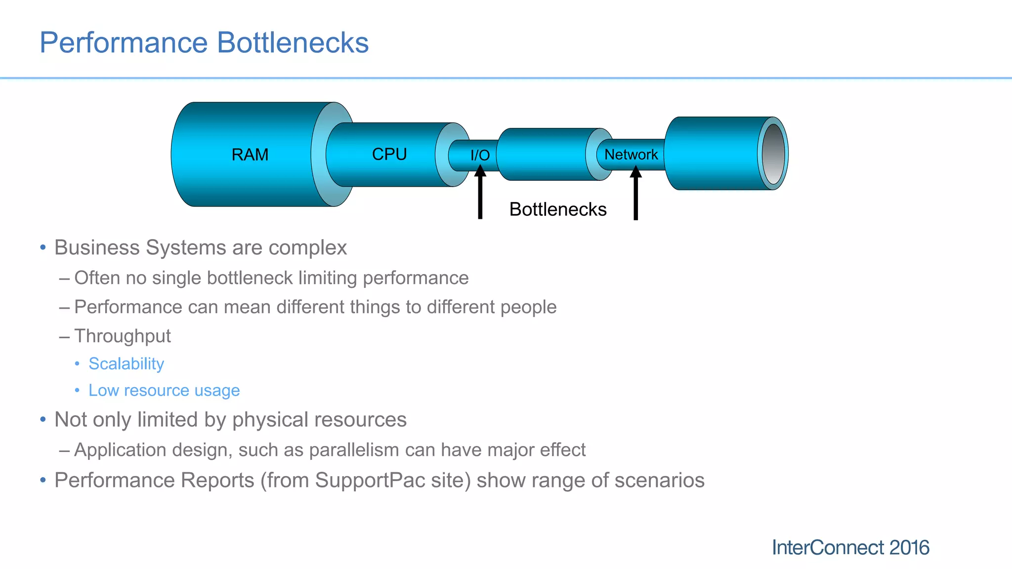 Performance Bottlenecks
• Business Systems are complex
– Often no single bottleneck limiting performance
– Performance can mean different things to different people
– Throughput
• Scalability
• Low resource usage
• Not only limited by physical resources
– Application design, such as parallelism can have major effect
• Performance Reports (from SupportPac site) show range of scenarios
RAM CPU NetworkI/O
Bottlenecks
 