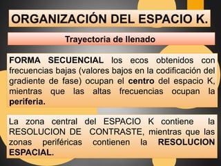 ORGANIZACIÓN DEL ESPACIO K. 
Trayectoria de llenado 
FORMA SECUENCIAL los ecos obtenidos con 
frecuencias bajas (valores bajos en la codificación del 
gradiente de fase) ocupan el centro del espacio K, 
mientras que las altas frecuencias ocupan la 
periferia. 
La zona central del ESPACIO K contiene la 
RESOLUCION DE CONTRASTE, mientras que las 
zonas periféricas contienen la RESOLUCION 
ESPACIAL. 
 