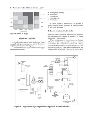 20	 Tecnol.  Ciencia Ed. (IMIQ) vol.  25 núm. 1, 2010
Figura 3. Matriz de riesgo
Figura 4. Diagrama de flujo simplificado del proceso de endulzamiento
RESULTADOS Y DISCUSIÓN
La metodología propuesta fue aplicada a una planta
endulzadora de gas, cuyo diagrama de flujo de proceso
simplificado se muestra en la Figura 4.
La planta endulzadora de gas, está conformada por
los siguientes sistemas:
Alta
Media
Baja
Remota
Menor Moderada Grave Catastrófica
Consecuencia
Alto Riesgo
Medio - Alto
Medio
Bajo
Salida de gas
dulce
Separador de
gas dulce
Gas húmedo
Enfriador de
amina pobre
Torre
absorbedora
Recirculación
Intercambiador
amina pobre -
amina rica
Calentador 2 de
amina pobre
Calentador 1 de
amina pobre
Separador de
gas ácido
Enfriador de
gas ácido
Torre
regeneradora
Gas ácido
Tanque de
amina pobre
Tanque de
alimentación
de amina
Bomba de reposición
de amina
Bomba de amina
pobre
Bomba de
alimentación
de amina
Tanque de
amina rica
Filtro de
amina
•	 Gas húmedo amargo
•	 Gas dulce
•	 Amina rica
•	 Amina pobre
•	 Gas ácido
A fin de ilustrar la metodología, se muestra la
aplicación de la misma al sistema de gas húmedo, de
la sección de absorción.
Definición de la intención del diseño
La definición de la intención del diseño para el sistema
de gas húmedo en cuestión se muestra (en forma
ilustrativa) a continuación.
El gas húmedo amargo es recibido con un flujo de
88.19 m3
s-1
(25 mmpcsd, millones de pies cúbicos
estándar por día) a través de una tubería de 0.2 m (8”)
de diámetro. El gas ingresa a la torre absorbedora a una
presión de 40 kgf cm-2
y una temperatura de 45o
C. La
concentración del H2S y del CO2 en la corriente es de 20
 