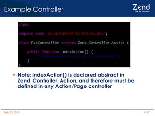 Example Controller Note: indexAction() is declared abstract in Zend_Controller_Action, and therefore must be defined in any Action/Page controller 