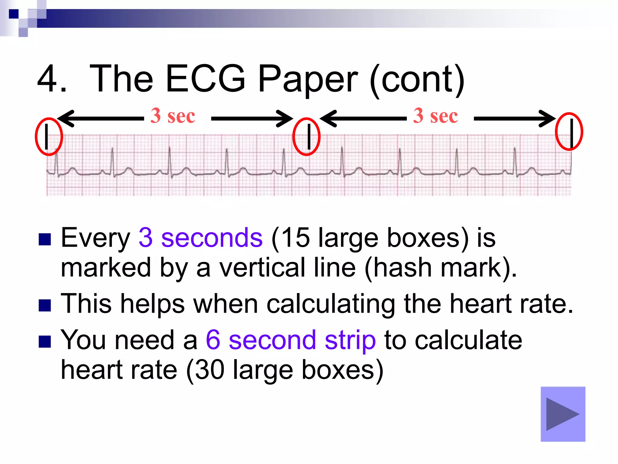 4. The ECG Paper (cont)
 Every 3 seconds (15 large boxes) is
marked by a vertical line (hash mark).
 This helps when calculating the heart rate.
 You need a 6 second strip to calculate
heart rate (30 large boxes)
3 sec 3 sec
 