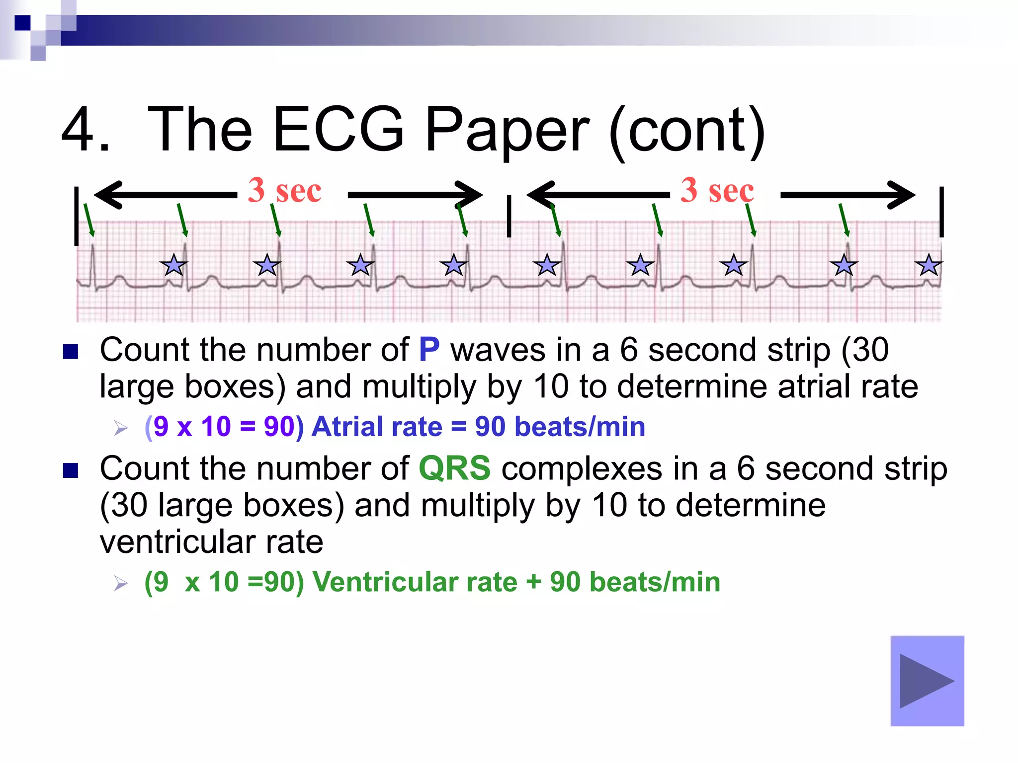 4. The ECG Paper (cont)
 Count the number of P waves in a 6 second strip (30
large boxes) and multiply by 10 to determine atrial rate
 (9 x 10 = 90) Atrial rate = 90 beats/min
 Count the number of QRS complexes in a 6 second strip
(30 large boxes) and multiply by 10 to determine
ventricular rate
 (9 x 10 =90) Ventricular rate + 90 beats/min
3 sec 3 sec
 