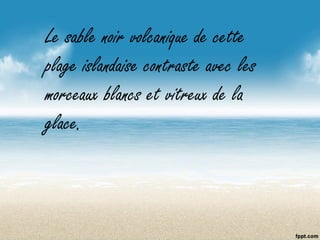 Le sable noir volcanique de cette
plage islandaise contraste avec les
morceaux blancs et vitreux de la
glace.
 