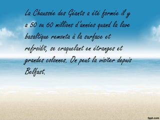 La Chaussée des Géants a été formée il y
a 50 ou 60 millions d’années quand la lave
basaltique remonta à la surface et
refroidit, se craquelant en étranges et
grandes colonnes. On peut la visiter depuis
Belfast.
 