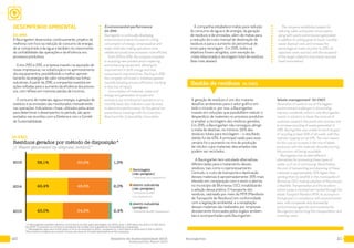 2120 Relatório de Sustentabilidade 2015
Sustainability Report 2015
Baumgarten
DESEMPENHO AMBIENTAL
G4-DMA
A Baumgarten desenvolve, continuamente, projetos de
melhoria com foco na redução do consumo de energia,
de ar comprimido e de água e também no crescimento
da confiabilidade das operações e da eficiência nos
processos produtivos.
Entre 2013 e 2015, a empresa investiu na aquisição de
novas impressoras, na substituição e no aprimoramento
dos equipamentos, possibilitando o melhor aprovei-
tamento da energia e do calor consumidos nas linhas
industriais. A partir de 2016, a companhia investirá em
ações voltadas para o aumento da eficiência dos proces-
sos, com reflexo em menores perdas de insumos.
O consumo de materiais, água e energia, a geração de
resíduos e as emissões são monitorados mensalmente
nas operações. Indicadores-chave, utilizados pelas áreas
para determinar o desempenho no período, são apre-
sentados nas reuniões com a Diretoria e com o Comitê
de Sustentabilidade.
Environmental performance
G4-DMA
Baumgarten is continually developing
enhancement projects focused on cutting
consumption of energy, compressed air and
water while also making operations more
reliable and production processes more efficient.
From 2013 to 2015, the company invested
in acquiring new printers and in replacing
and enhancing equipment, allowing for
improvement in both energy and heat
consumed in industrial lines. Starting in 2016,
the company will invest in initiatives geared
towards boosting process efficiency, resulting
in less loss of inputs.
Consumption of materials, water and
energy and generation of waste and
emissions are monitored at operations on a
monthly basis. Key indicators used by areas
to determine performance for the period are
presented at meetings with the Executive
Board and the Sustainability Committee.
Gestão de resíduos G4-EN23
Resíduos gerados por método de disposição*
// Waste generated by disposal method*
Reciclagem
(não perigoso)
/ Recycling (non-hazardous)
Aterro industrial
(não perigoso)
/ Industrial landfill
(non-hazardous)
Aterro industrial
(perigoso)
/ Industrial landfill (hazardous)
*A Baumgarten também destinou 4.414 litros de óleo para reciclagem em 2015, ante 1.400 litros em 2014 e 3.100 litros
em 2013. O aumento do volume é resultante da revisão dos 6 geradores de energia da companhia.
/ *Baumgarten also sent 4,414 liters of oil to be recycled in 2015, compared to 1,400 liters in 2014 and 3,100 in 2013.
This volume is higher as a result of tune-ups done on 6 power generators at the company.
38,1% 60,6% 1,3%
49,4% 48,6% 2,0%
43,0% 54,6% 2,4%
2013
2014
2015
A geração de resíduos é um dos maiores
desafios ambientais para o setor gráfico em
todo o mundo e, por isso, a Baumgarten
investe em soluções que possibilitem reduzir o
desperdício de materiais no processo produtivo
e ampliar a reciclagem dos resíduos gerados.
Em 2015, a Baumgarten não conseguiu atingir
a meta de destinar, no mínimo, 55% dos
resíduos totais para reciclagem – o resultado
obtido foi de 43%. A principal razão para esse
cenário foi o aumento no mix de produção
de rótulos cujos materiais descartados não
podem ser reciclados.
A Baumgarten tem estudado alternativas
diferenciadas para o tratamento desses
resíduos, tais como o coprocessamento.
Contudo, o custo de transporte e destinação
desses materiais é aproximadamente 35% mais
elevado em comparação com o envio a aterros
no município de Blumenau (SC), inviabilizando
a adoção dessa prática. O transporte dos
resíduos, rastreado por meio do MTR (Manifesto
de Transporte de Resíduos) em conformidade
com a legislação ambiental, e a receptação
desses materiais são realizados por empresas
devidamente licenciadas pelos órgãos ambien-
tais e acompanhadas pela Baumgarten.
A companhia estabelece metas para redução
do consumo de água e de energia, da geração
de resíduos e de emissões, além de metas para
a redução do custo mensal de destinação de
resíduos e para o aumento do percentual de
envio para reciclagem. Em 2015, todos os
objetivos foram atingidos, com exceção da
meta relacionada à reciclagem total de resíduos
(leia mais abaixo).
Waste management G4-EN23
Generation of waste is one of the biggest
environmental challenges in the printing
industry worldwide, which is why Baumgarten
invests in solutions to lower the amount of
materials wasted in the production process and
to increase recycling of waste generated. In
2015, Baumgarten was unable to reach its goal
of recycling at least 55% of all waste, with this
indicator topping out at 43%. The main reason
for this was an increase in the mix of labels
produced, with the materials discarded during
this process not being recyclable.
Baumgarten has studied different
alternatives for processing these types of
waste, such as co-processing. Nevertheless,
the cost of transporting and disposing of these
materials is approximately 35% higher than
sending them to landfills in the municipality of
Blumenau (SC), making adoption of this process
unfeasible. Transportation and the locations
where waste is received are tracked through the
Waste Transport Manifest (MTR, its acronym in
Portuguese), in compliance with environmental
laws, with companies duly licensed by
environmental agencies and monitored by
Baumgarten performing this transportation and
receiving waste.
The company establishes targets for
reducing water and power consumption
along with waste and emissions generated,
in addition to setting goals to lower monthly
waste disposal costs and increase the
percentage of waste recycled. In 2015, all
objectives were reached, with the exception
of the target related to total waste recycled
(read more below).
G4-EN23
 