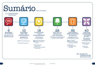 32 Relatório de Sustentabilidade 2015
Sustainability Report 2015
Baumgarten
Sumário/ Table of contents
6Mensagem
da Diretoria
Message from the
Executive Board
10Estratégia
para uma
empresa global
Strategy for a
global company
16 Estrutura de governança
16 Governance structure
18Compromisso
com a
sustentabilidade
Commitment
to sustainability
20 Desempenho ambiental
26 Evolução e melhoria
contínua
20 Environmental
performance
26 Evolution and continual
improvement
28ACV: foco no
cliente e no
meio ambiente
LCA: focus on the customer
and the environment
32Valorização e
desenvolvimento
de talentos
Recognition and
development of talent
35 Novos talentos
38 Saúde e segurança no
ambiente de trabalho
35 New talent
38 Workplace health
and safety
40Parcerias
fortalecidas
na cadeia
de valor
Partnerships
strenghened
in the value chain
43 Relacionamento
com clientes
43 Customer
relationship
4 // Apresentação
Introduction
46 // Sumário de
Conteúdo da GRI
GRI Content Index
 