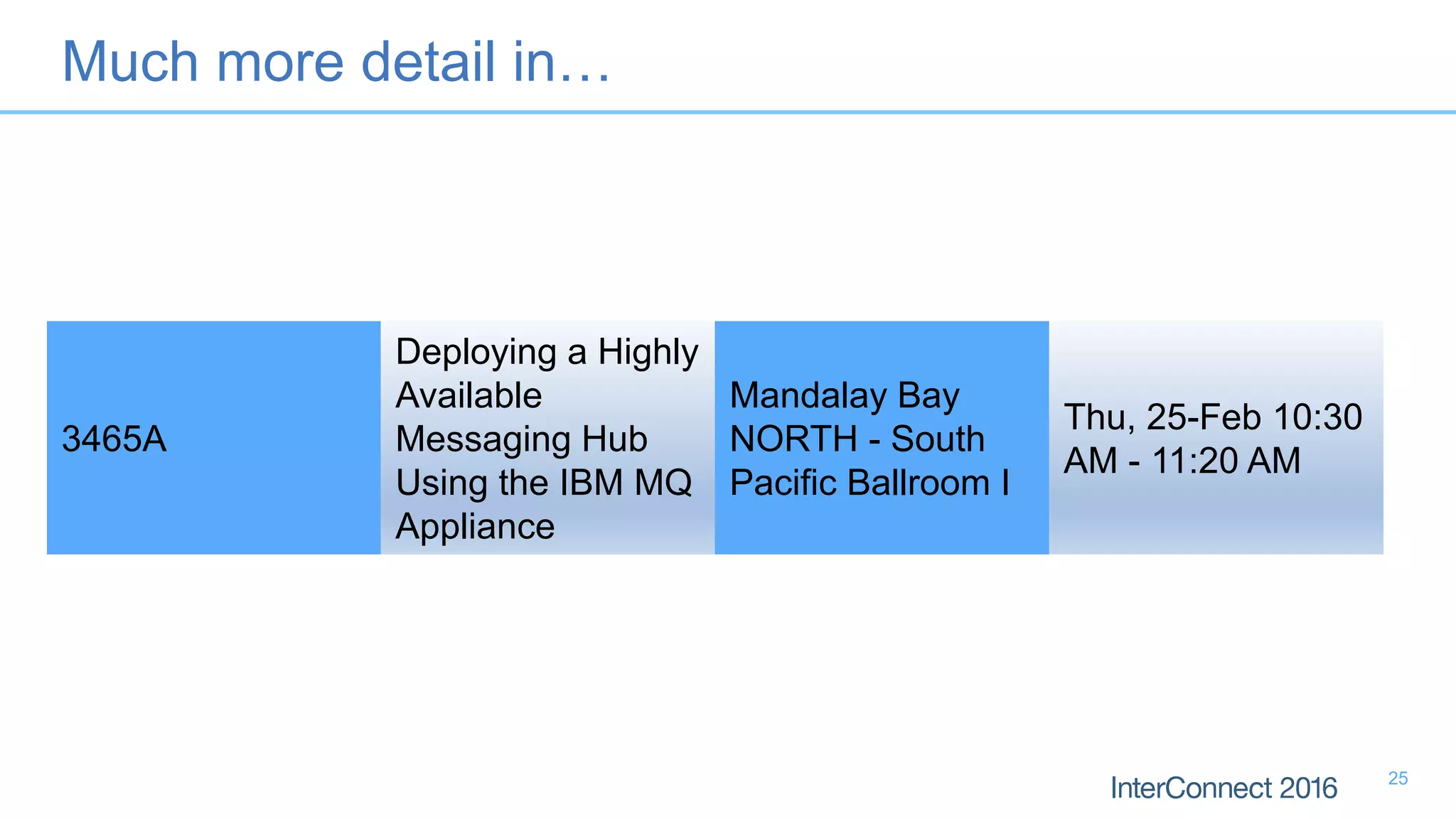 Much more detail in…
3465A
Deploying a Highly
Available
Messaging Hub
Using the IBM MQ
Appliance
Mandalay Bay
NORTH - South
Pacific Ballroom I
Thu, 25-Feb 10:30
AM - 11:20 AM
25
 