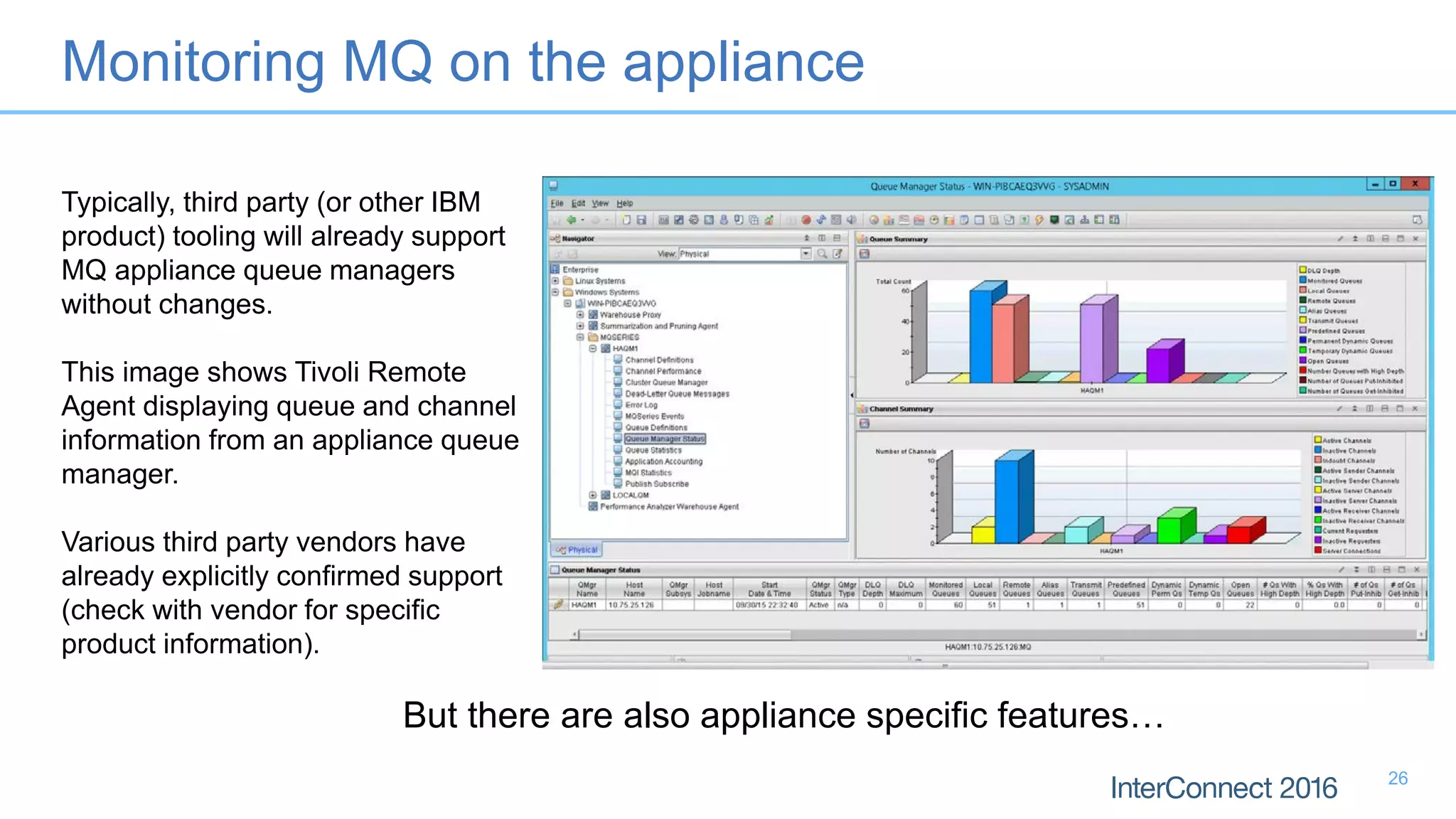 Monitoring MQ on the appliance
Typically, third party (or other IBM
product) tooling will already support
MQ appliance queue managers
without changes.
This image shows Tivoli Remote
Agent displaying queue and channel
information from an appliance queue
manager.
Various third party vendors have
already explicitly confirmed support
(check with vendor for specific
product information).
But there are also appliance specific features…
26
 