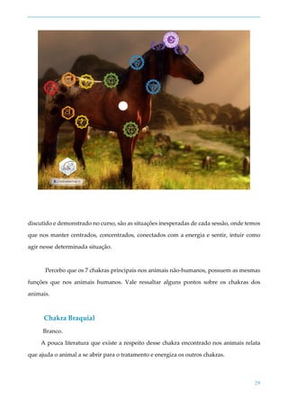29
discutido e demonstrado no curso, são as situações inesperadas de cada sessão, onde temos
que nos manter centrados, concentrados, conectados com a energia e sentir, intuir como
agir nesse determinada situação.
Percebo que os 7 chakras principais nos animais não-humanos, possuem as mesmas
funções que nos animais humanos. Vale ressaltar alguns pontos sobre os chakras dos
animais.
Chakra Braquial
Branco.
A pouca literatura que existe a respeito desse chakra encontrado nos animais relata
que ajuda o animal a se abrir para o tratamento e energiza os outros chakras.
 