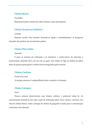 30
Chakra Básico
Vermelho.
Responsável pelo instinto de sobrevivência e pelo aterramento.
Chakra Sexual ou Umbilical
Laranja.
Impulso sexual. Nos animais domésticos, ajuda a contrabalancear as fraquezas
oriundas das práticas de cruzamentos pobres.
Chakra Plexo Solar
Amarelo.
É para os animais de estimação e os humanos, o centro-chave da interação e
comunicação. Quando ativo, em um cão ou gato, esse chakra se liga ao chakra do plexo
solar da pessoa participante e ambos ficam energizados pela conexão.
Chakra Cardíaco
Verde e/ou rosa.
A energia amorosa é compartilhada entre o animal e o humano.
Chakra Laríngeo
Azul.
Poucos animais desenvolvem esse chakra, embora o potencial esteja lá. As
comunicações instintivas dos cães e gato de estimação (latir, uivar, chorar, ronronar, etc)
vêm do chakra básico, onde a energia do chakra da garganta é usada para a comunicação
consciente com intenção.
 