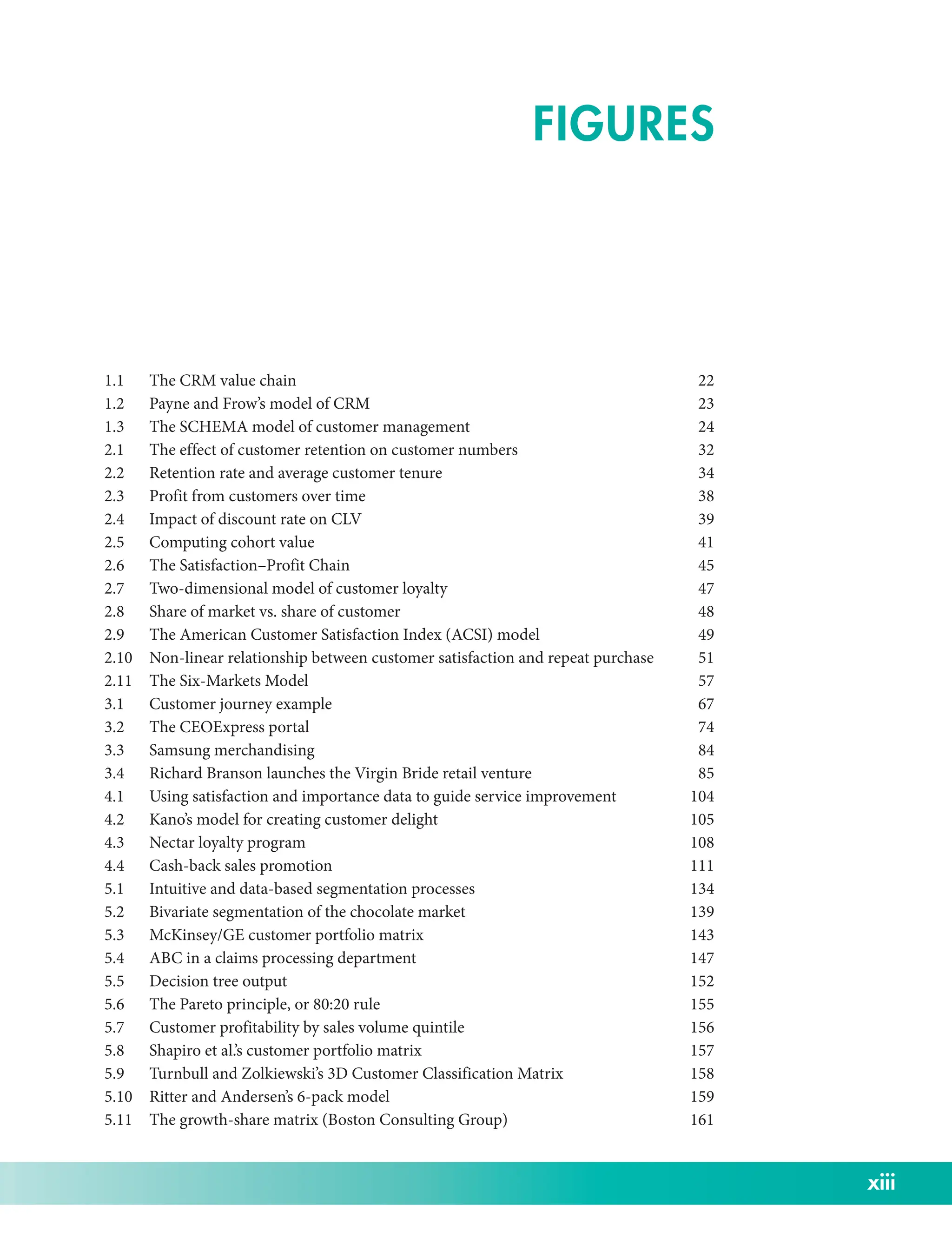 xiii
1.1 The CRM value chain 22
1.2 Payne and Frow’s model of CRM 23
1.3 The SCHEMA model of customer management 24
2.1 The effect of customer retention on customer numbers 32
2.2 Retention rate and average customer tenure 34
2.3 Profit from customers over time 38
2.4 Impact of discount rate on CLV 39
2.5 Computing cohort value 41
2.6 The Satisfaction–Profit Chain 45
2.7 Two-­
dimensional model of customer loyalty 47
2.8 Share of market vs. share of customer 48
2.9 The American Customer Satisfaction Index (ACSI) model 49
2.10 Non-­
linear relationship between customer satisfaction and repeat purchase 51
2.11 The Six-­
Markets Model 57
3.1 Customer journey example 67
3.2 The CEOExpress portal 74
3.3 Samsung merchandising 84
3.4 Richard Branson launches the Virgin Bride retail venture 85
4.1 Using satisfaction and importance data to guide service improvement 104
4.2 Kano’s model for creating customer delight 105
4.3 Nectar loyalty program 108
4.4 Cash-­
back sales promotion 111
5.1 Intuitive and data-­
based segmentation processes 134
5.2 Bivariate segmentation of the chocolate market 139
5.3 McKinsey/­
GE customer portfolio matrix 143
5.4 ABC in a claims processing department 147
5.5 Decision tree output 152
5.6 The Pareto principle, or 80:20 rule 155
5.7 Customer profitability by sales volume quintile 156
5.8 Shapiro et al.’s customer portfolio matrix 157
5.9 Turnbull and Zolkiewski’s 3D Customer Classification Matrix 158
5.10 Ritter and Andersen’s 6-­
pack model 159
5.11 The growth-­
share matrix (Boston Consulting Group) 161
FIGURES
 
