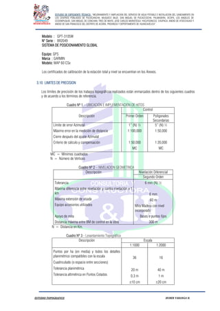 ESTUDIO DE EXPEDIENTE TÉCNICO: “MEJORAMIENTO Y AMPLIACION DEL SERVICIO DE AGUA POTABLE E INSTALACION DEL SANEAMIENTO EN
LOS CENTROS POBLADOS DE PUCACANCHA, MUQUECC BAJO, SAN MIGUEL DE PUCACCOCHA, PALMADERA, OCOPA, LOS ANGELES DE
CCOSNIPUQUIO, SAN MIGUEL DE CONCHAN, TRES DE MAYO, JOSE CARLOS MARIATEGUI, YACUYSONCCO, CHUPACA, ANEXO DE ATOCCHUASI Y
ANEXO DE SAN FRANCISCO DEL DISTRITO DE ACORIA, PROVINCIA Y DEPERTAMENTO DE HUANCAVELICA”.
ESTUDIO TOPOGRAFICO HUBER YARANGA H.
Modelo : GPT-3105W
N° Serie : 8R2049
SISTEMA DE POSICIONAMIENTO GLOBAL
Equipo: GPS
Marca : GARMIN
Modelo: MAP 60 CSx
Los certificados de calibración de la estación total y nivel se encuentran en los Anexos.
3.10 LIMITES DE PRECISION
Los límites de precisión de los trabajos topográficos realizados están enmarcados dentro de los siguientes cuadros
y de acuerdo a los términos de referencia.
Cuadro Nº 1 – UBICACIÓN E IMPLEMENTACION DE HITOS
Control
Descripción Primer Orden Poligonales
Secundarias
Límite de error Azimutal
Máximo error en la medición de distancia
Cierre después del ajuste Azimutal
Criterio de cálculo y compensación
1” (N) ½
1:100,000
1:50,000
MC
5” (N) ½
1:50,000
1:20,000
MC
MC = Mínimos cuadrados
N = Número de Vértices
Cuadro Nº 2 – NIVELACION GEOMETRICA
Descripción Nivelación Diferencial
Segundo Orden
Tolerancia
Máxima diferencia entre nivelación y contra nivelación x 1
km
Máxima extensión de visada
Equipo accesorios utilizados
Apoyo de mira
Distancia máxima entre BM de control en la obra
6 mm (N) ½
6 mm
60 m
Mira Madera con nivel
incorporado
Bases o puntos fijos
300 m
N = Distancia en Km.
Cuadro Nº 3 - Levantamiento Topográfico
Descripción Escala
1:1000 1:2000
Puntos por ha (en media) y todos los detalles
planimétrico compatibles con la escala
Cuadriculado (o espacio entre secciones)
Tolerancia planimétrica
Tolerancia altimétrica en Puntos Cotados
36
20 m
0,3 m
10 cm
16
40 m
1 m
20 cm
 