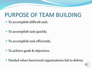 PURPOSE OF TEAM BUILDING
 To accomplish difficult task.
 To accomplish task quickly.
 To accomplish task efficiently.
 To achieve goals & objectives.
 Needed when functional organizations fail to deliver.
 