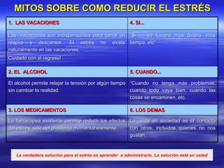 MITOS SOBRE COMO REDUCIR EL ESTRÉSMITOS SOBRE COMO REDUCIR EL ESTRÉS
La vida en sociedad es el contactoLa vida en sociedad es el contacto
con otros, incluidos quienes no noscon otros, incluidos quienes no nos
gustan.gustan.
La famacopea existente permite reducir los efectosLa famacopea existente permite reducir los efectos
del estrés; salir del problema momentaneamente.del estrés; salir del problema momentaneamente.
6. LOS DEMAS6. LOS DEMAS3. LOS MEDICAMENTOS3. LOS MEDICAMENTOS
““Cuando no tenga más problemas,Cuando no tenga más problemas,
cuando todo vaya bien, cuando lascuando todo vaya bien, cuando las
cosas se encaminen, etc.cosas se encaminen, etc.
El alcohol permite relajar la tensión por algún tiempoEl alcohol permite relajar la tensión por algún tiempo
sin cambiar la realidad.sin cambiar la realidad.
5. CUANDO...5. CUANDO...2. EL ALCOHOL2. EL ALCOHOL
““Si ... yo tuviera más dinero, másSi ... yo tuviera más dinero, más
tiempo, etc”tiempo, etc”
Las vacaciones son indispensables para tomar unLas vacaciones son indispensables para tomar un
respiro y descansar. El estrés no existerespiro y descansar. El estrés no existe
naturalmente en las vacaciones.naturalmente en las vacaciones.
Cuidado con el regreso!Cuidado con el regreso!
4. SI...4. SI...1. LAS VACACIONES1. LAS VACACIONES
La verdadera solución para el estrés es aprender a administrarlo. La solución está en usted
 