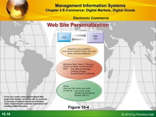 10.16 © 2010 by Prentice Hall
Figure 10-4
Firms can create unique personalized Web
pages that display content or ads for products
or services of special interest to individual
users, improving the customer experience and
creating additional value.
Web Site Personalization
Management Information Systems
Chapter 4 E-Commerce: Digital Markets, Digital Goods
Electronic Commerce
 