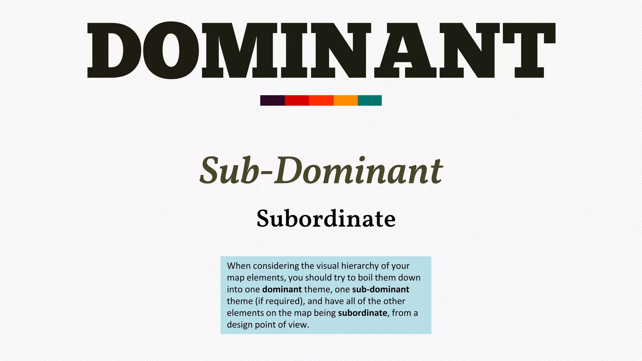 Sub-Dominant
DOMINANT
Subordinate
When considering the visual hierarchy of your
map elements, you should try to boil them down
into one dominant theme, one sub-dominant
theme (if required), and have all of the other
elements on the map being subordinate, from a
design point of view.
 