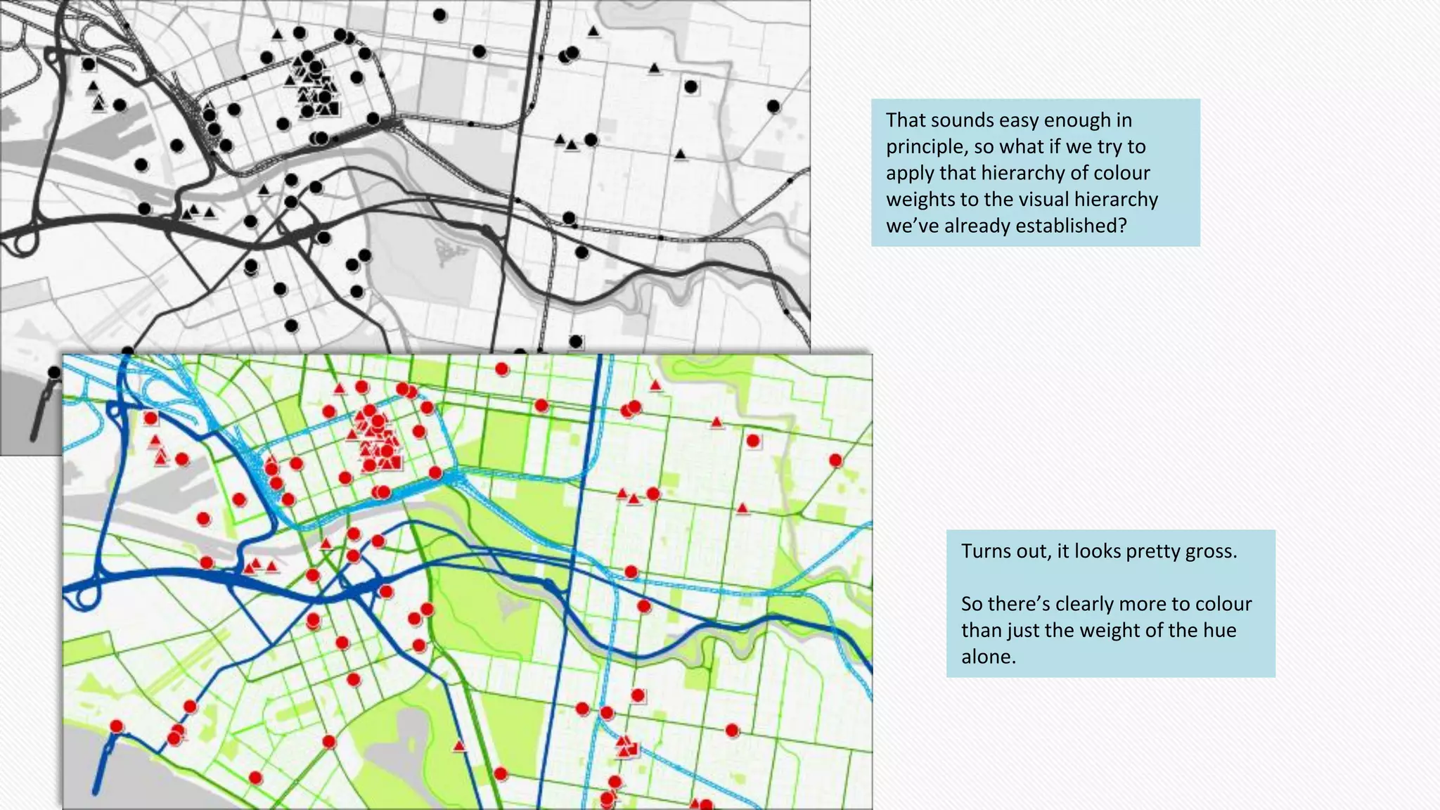 That sounds easy enough in
principle, so what if we try to
apply that hierarchy of colour
weights to the visual hierarchy
we’ve already established?
Turns out, it looks pretty gross.
So there’s clearly more to colour
than just the weight of the hue
alone.
 